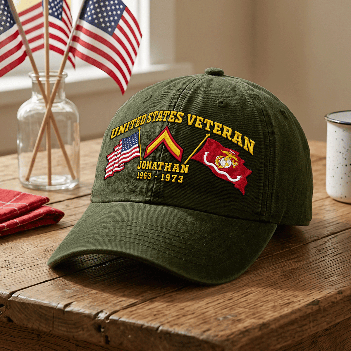 Custom USMC Embroidered Cap Personalized Rank and Custom Text