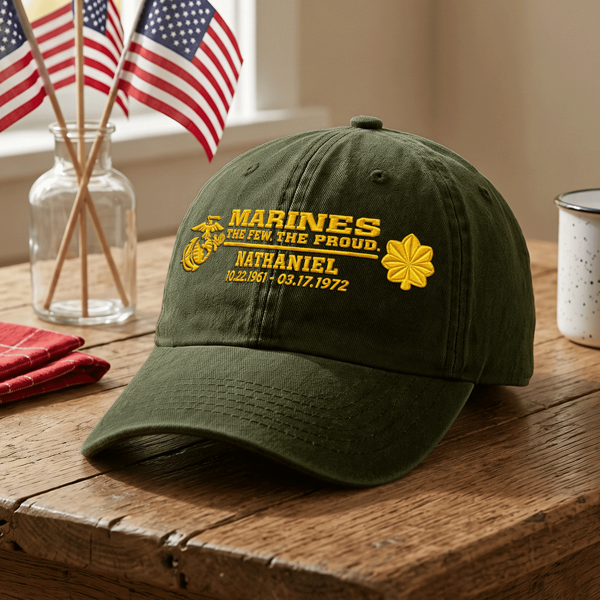 Personalized Marine Corps Washed Hat Custom Military Rank and Text