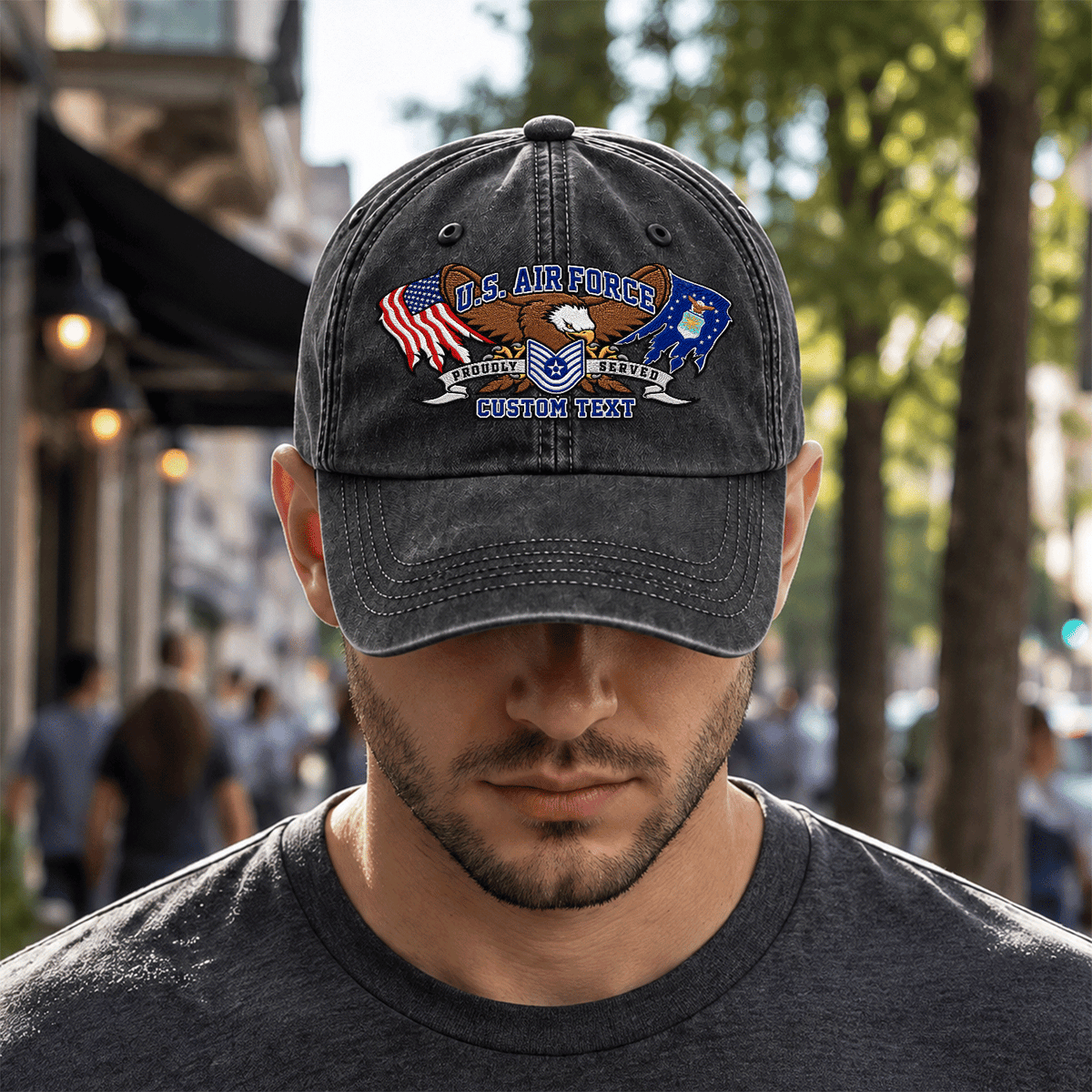 Personalized Air Force Washed Hat Custom Military Rank and Text