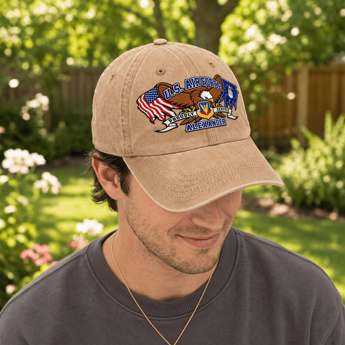 Personalized Air Force Washed Hat Custom Military Rank and Text