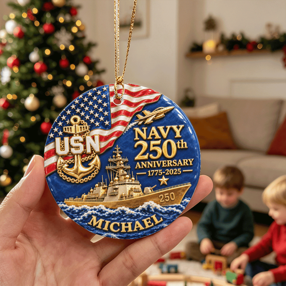 Custom U.S. Navy Ceramic Ornament Personalized Military Rank and Text