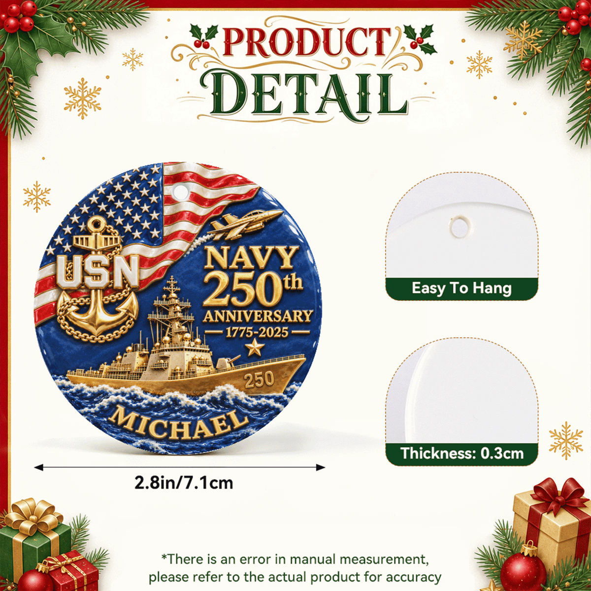Custom U.S. Navy Ceramic Ornament Personalized Military Rank and Text
