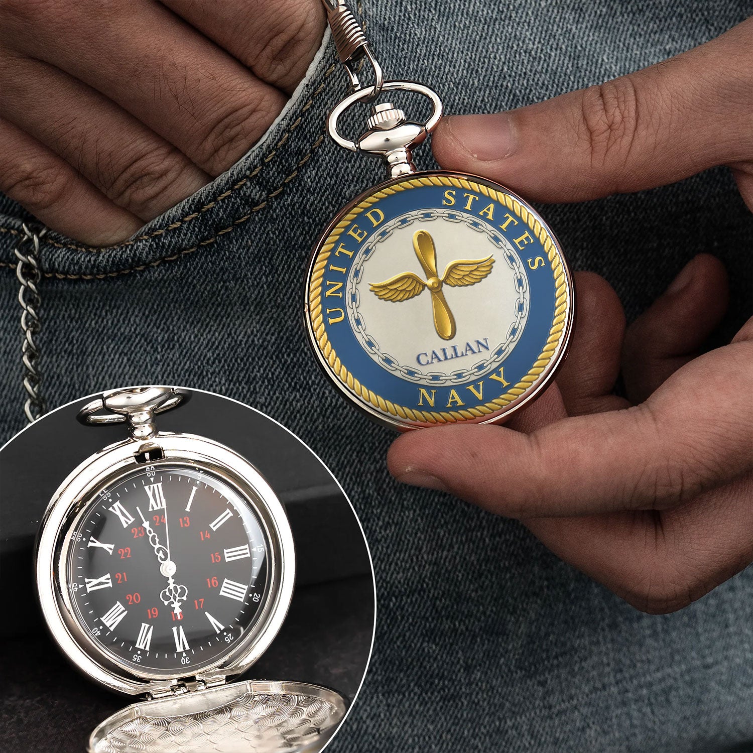 Custom US Navy Ranks/Insignia And Text - 3D Effect Printed Pocket Watch