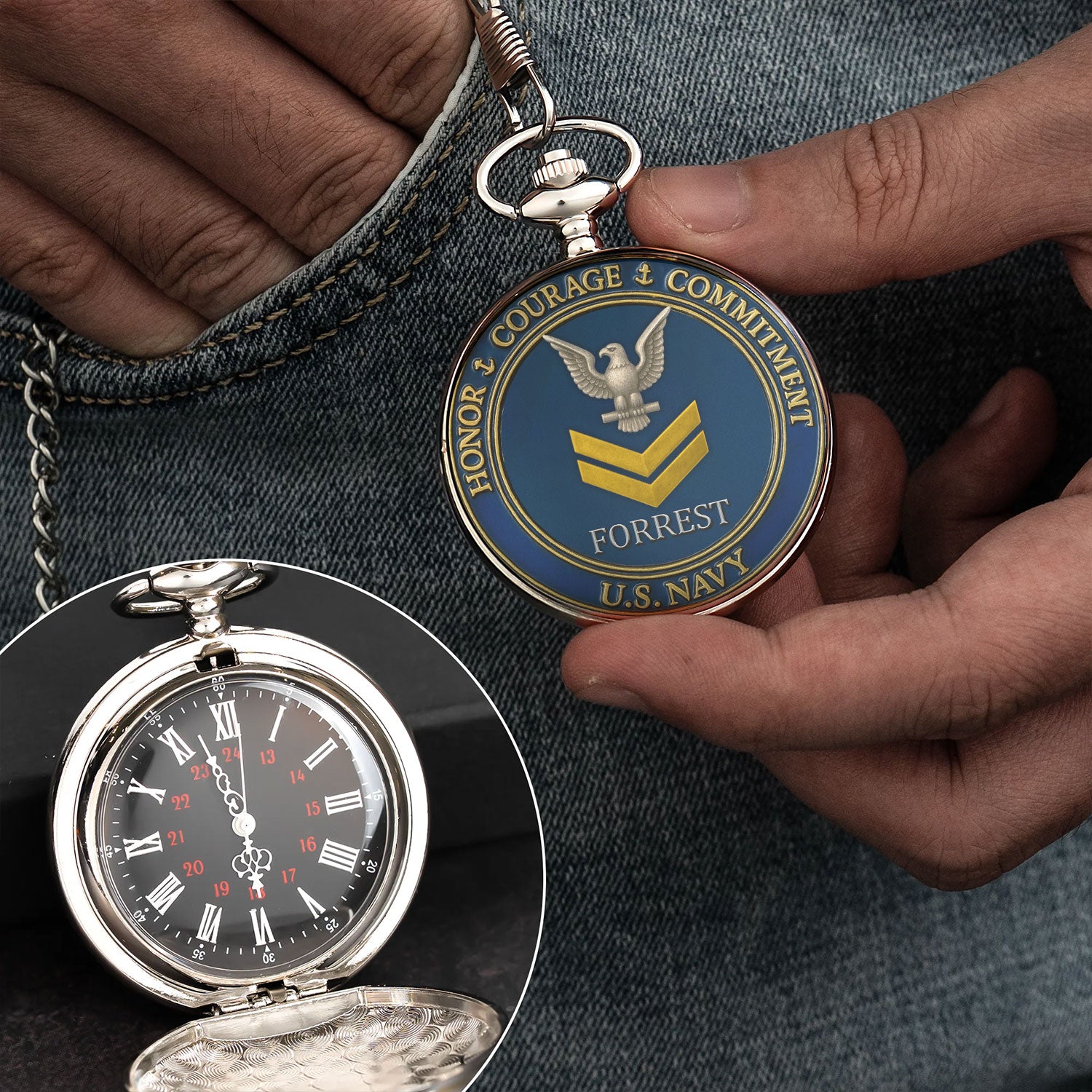 Personalized US Navy Core Values - Custom 3D Effect Printed Pocket Watch