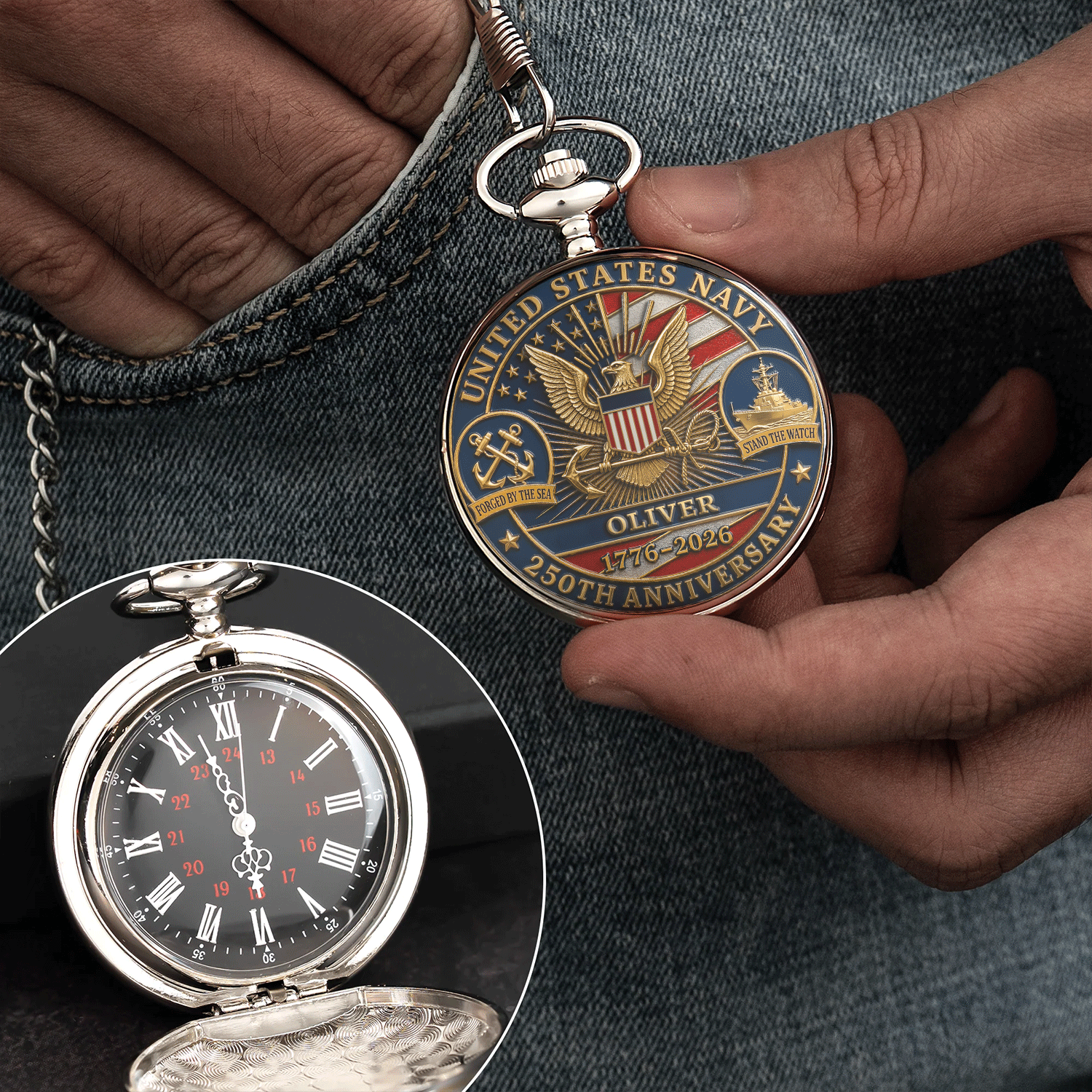 Personalized US Navy Pocket Watch 250 Years of Service Gift
