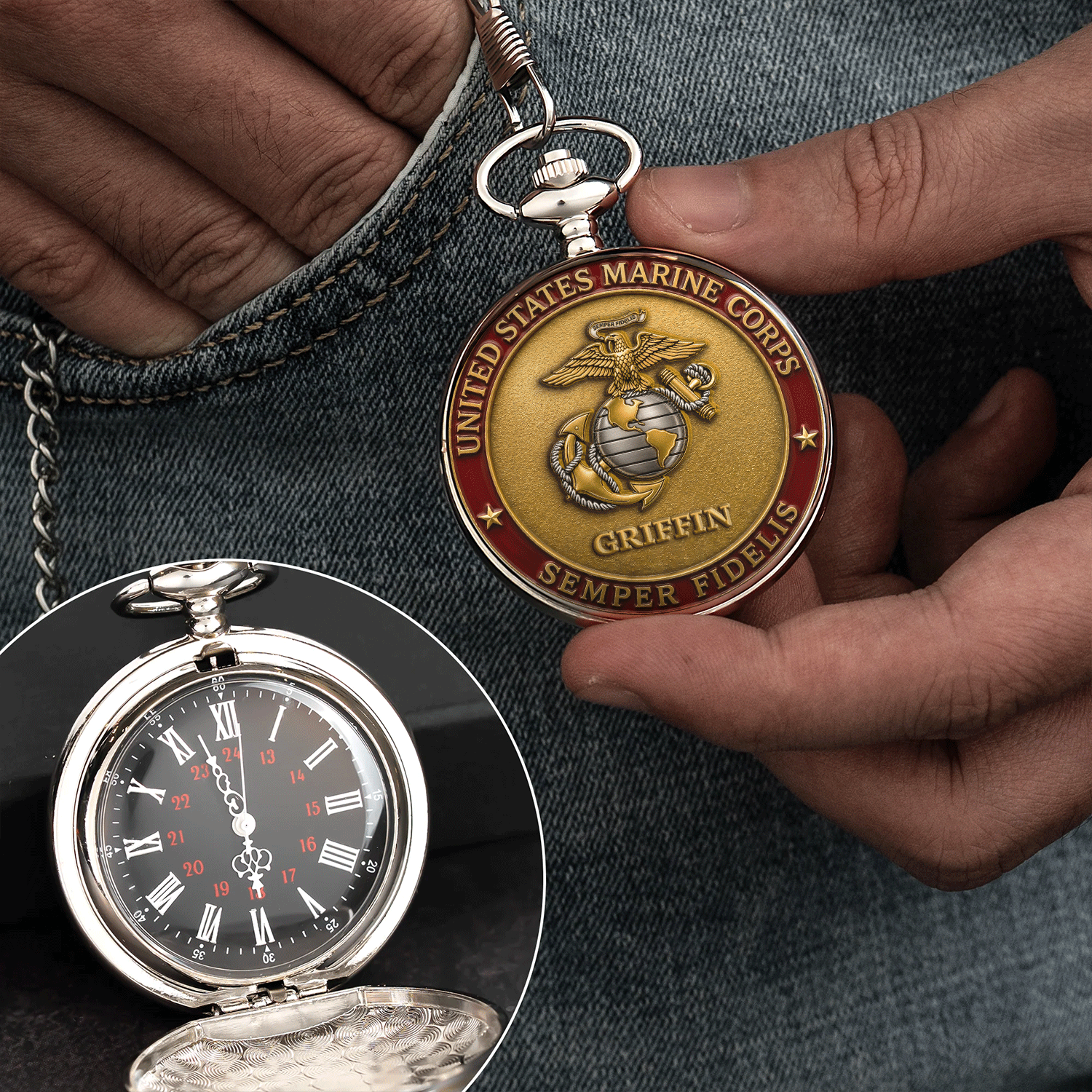 USMC Rank Name Pocket Watch Personalized Gift