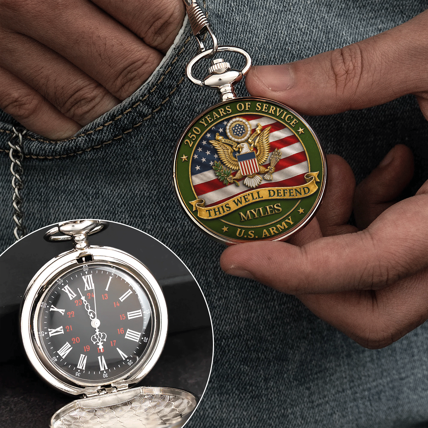 Army 250th Anniversary Pocket Watch Custom Text Gift