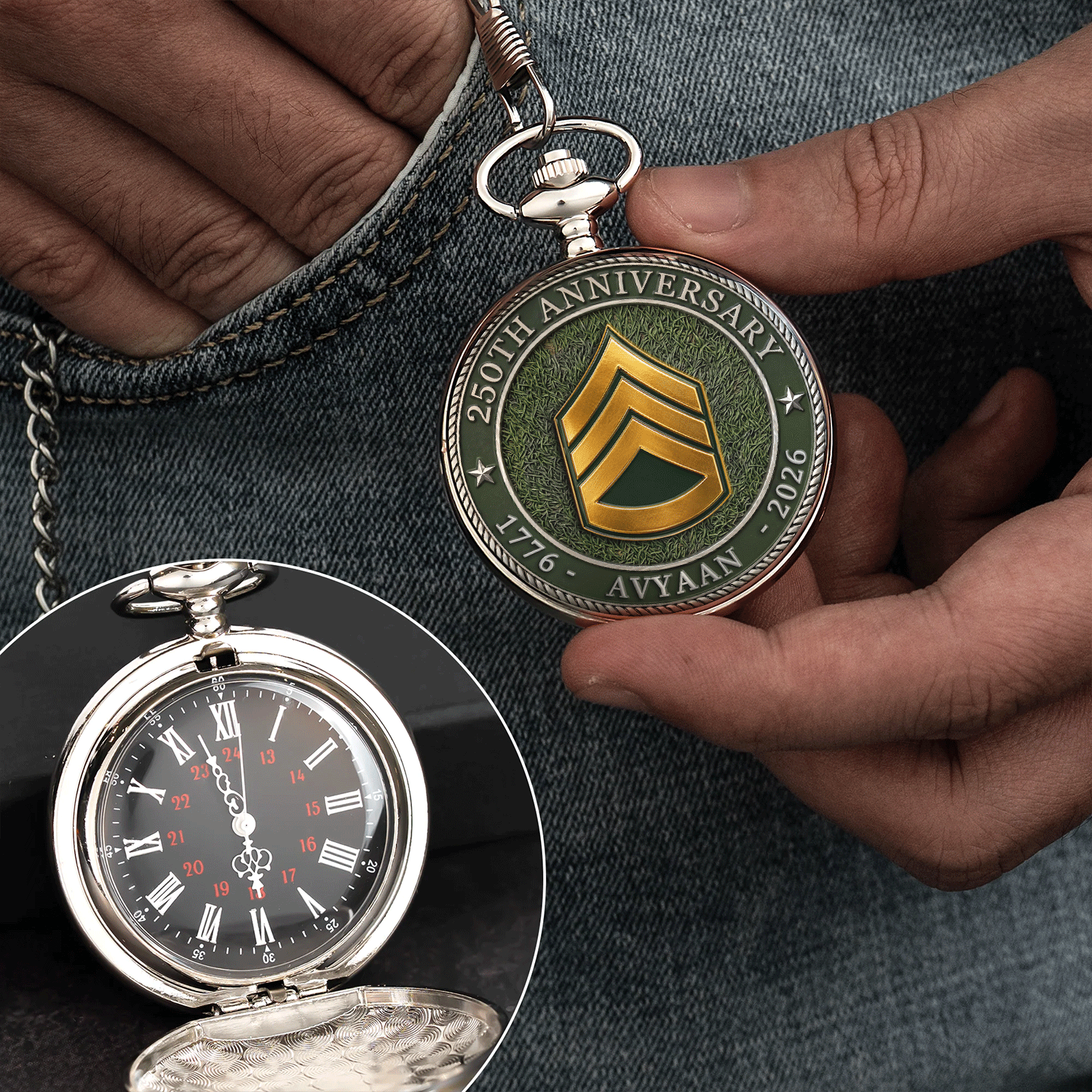 Army Custom Name Pocket Watch USA 250 Years Independence
