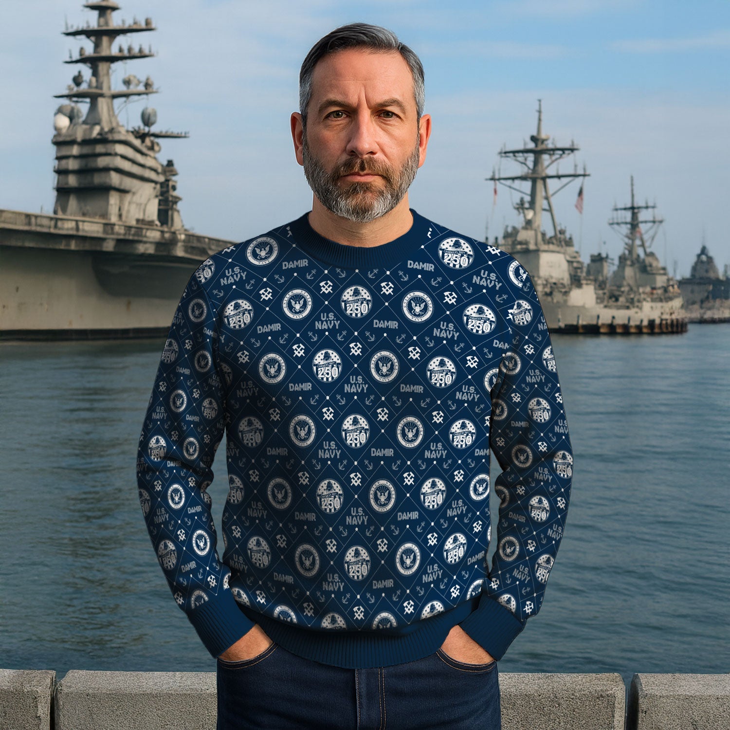 Personalized US Navy Christmas Ugly Sweater KAUST09