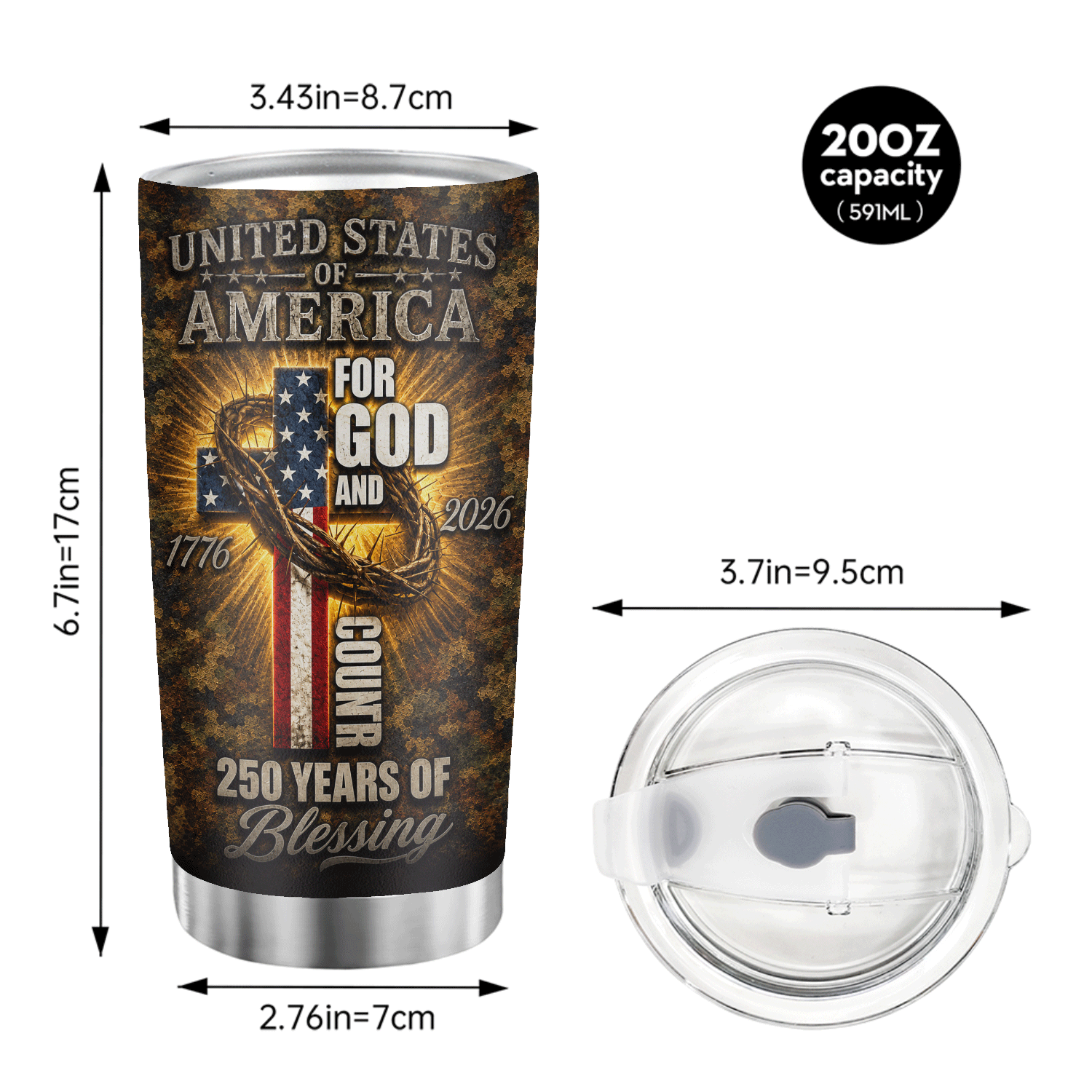God and Country Cross 1776-2026 Stainless Tumbler