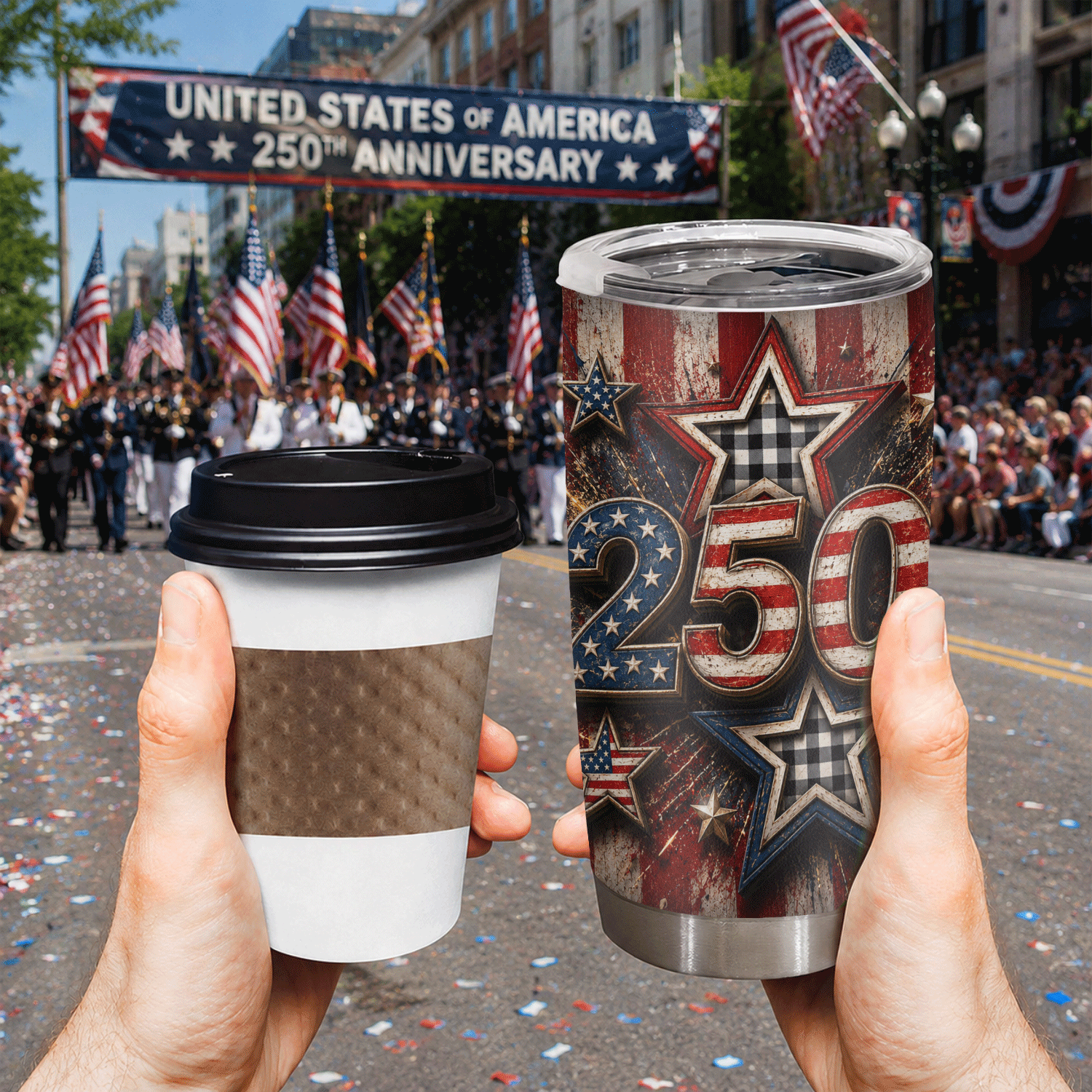 America 250 Years Red White Blue Stars 20oz Tumbler