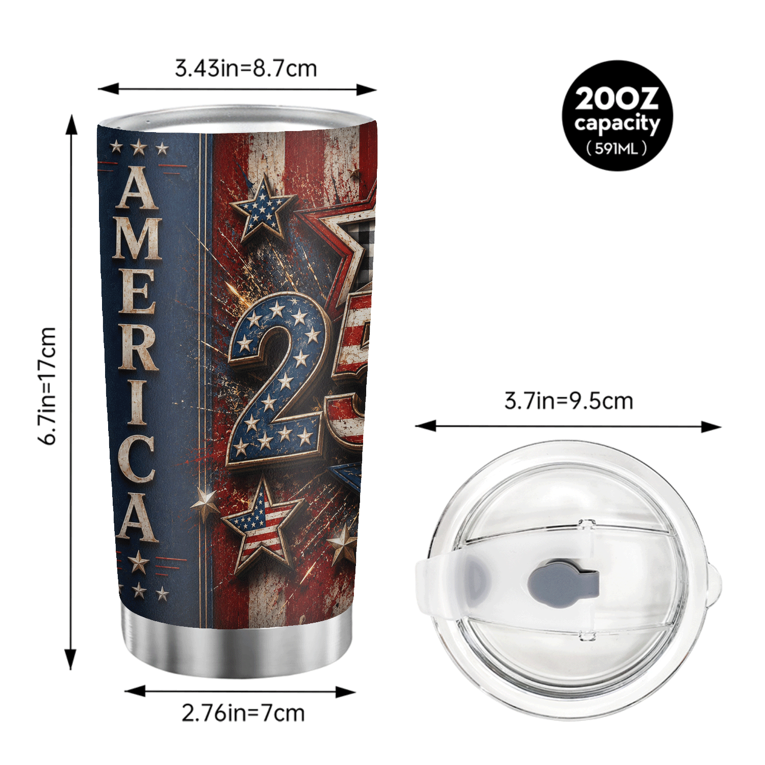 America 250 Years Red White Blue Stars 20oz Tumbler