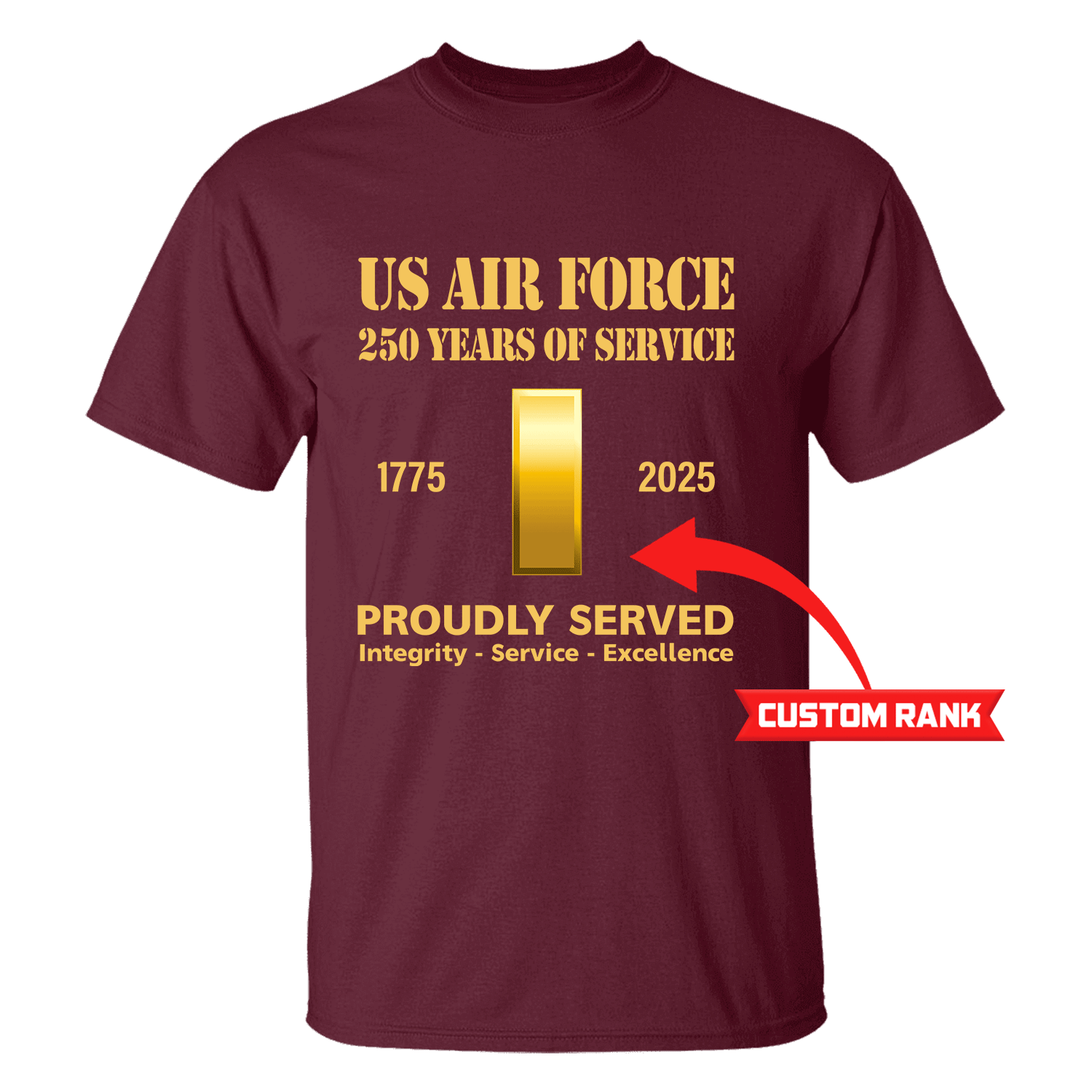 US Air Force 250 Years Of Service Custom Ranks/Insignia Front T-Shirt