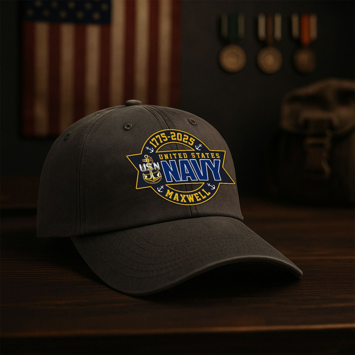 Custom Ranks & Text US Navy Premium Washed Denim Cap DC003