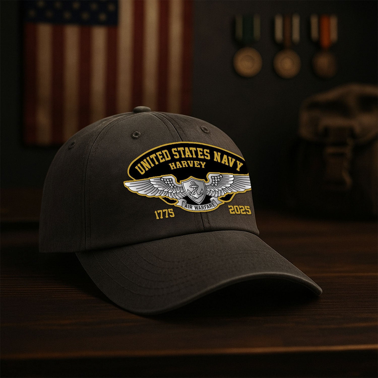 Custom Ranks & Text US Navy Premium Washed Denim Cap DC004