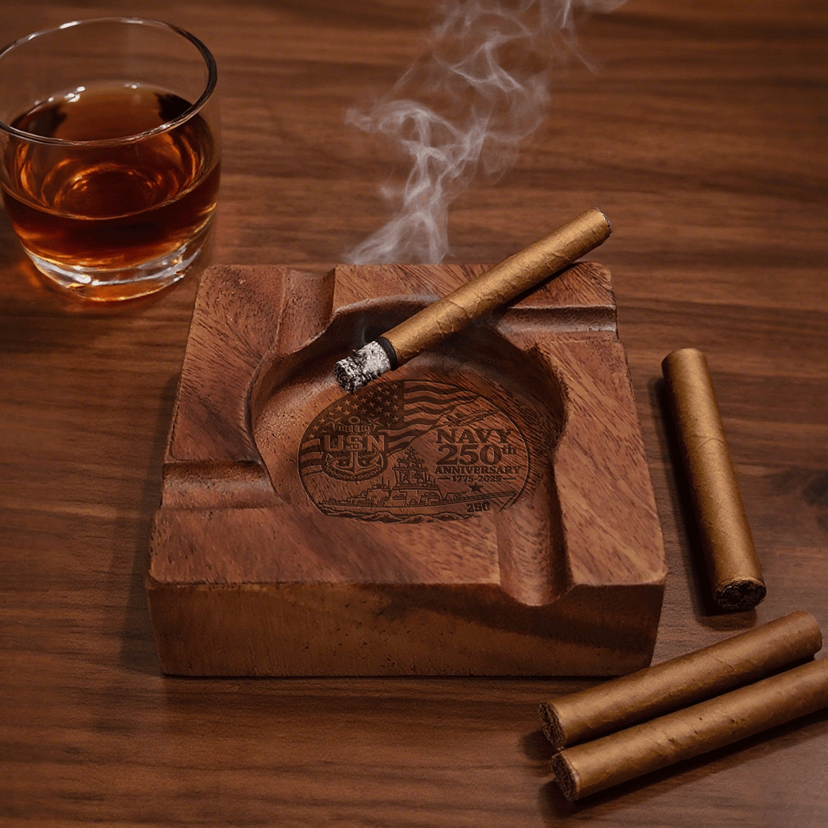 Custom Navy Walnut Ashtray Personalized Veteran Rank and Text