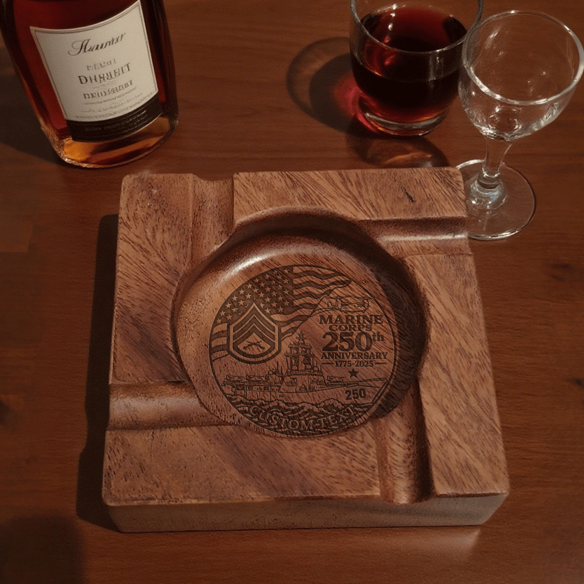 Personalized U.S. Marine Corps Wooden Cigar Ashtray Custom Rank and Text
