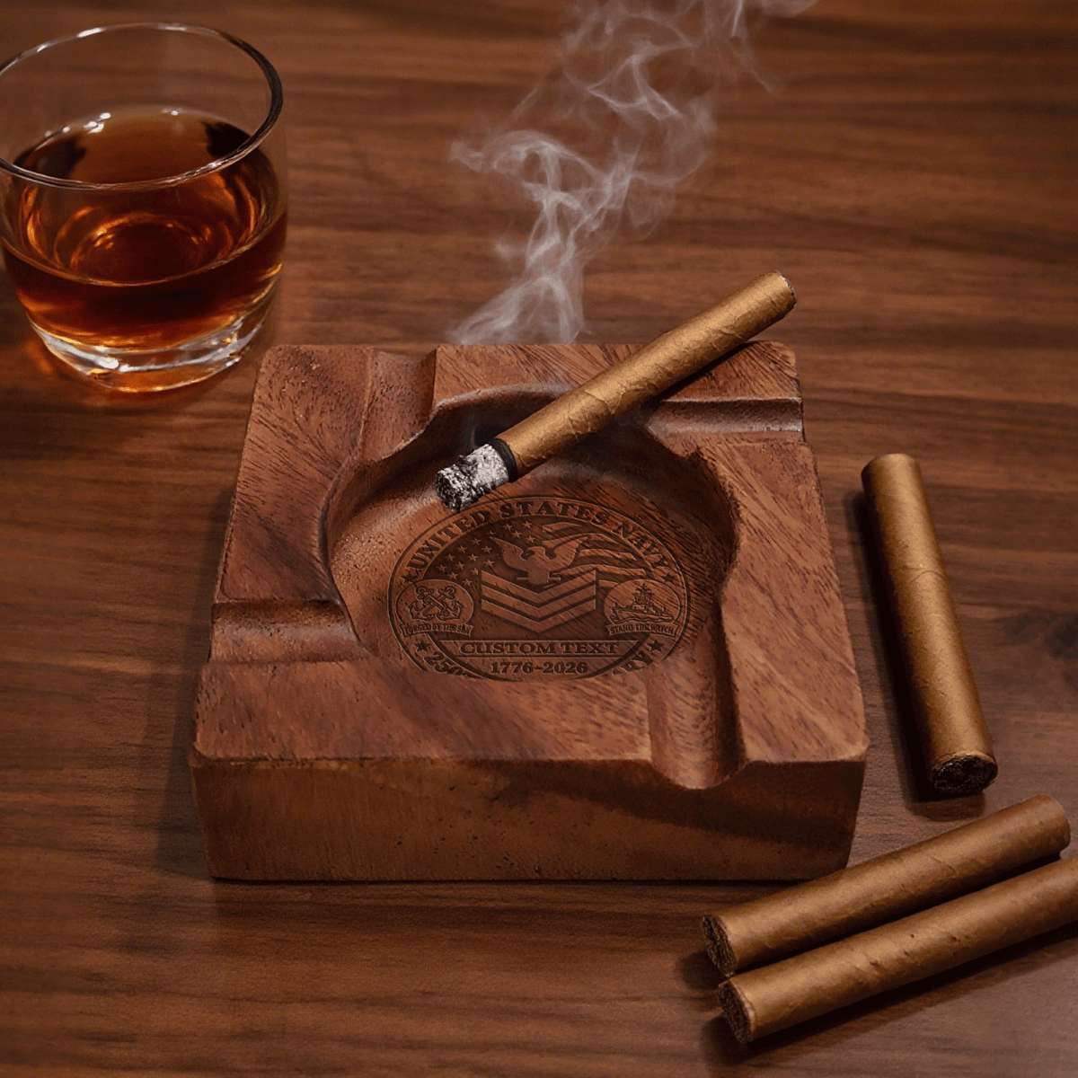 U.S. Navy Wooden Cigar Ashtray Personalized Rank and Custom Text