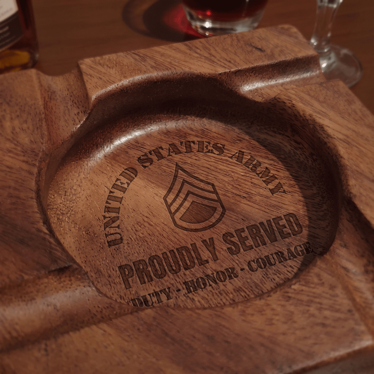 Personalized U.S. Army Wooden Cigar Ashtray Custom Rank and Text
