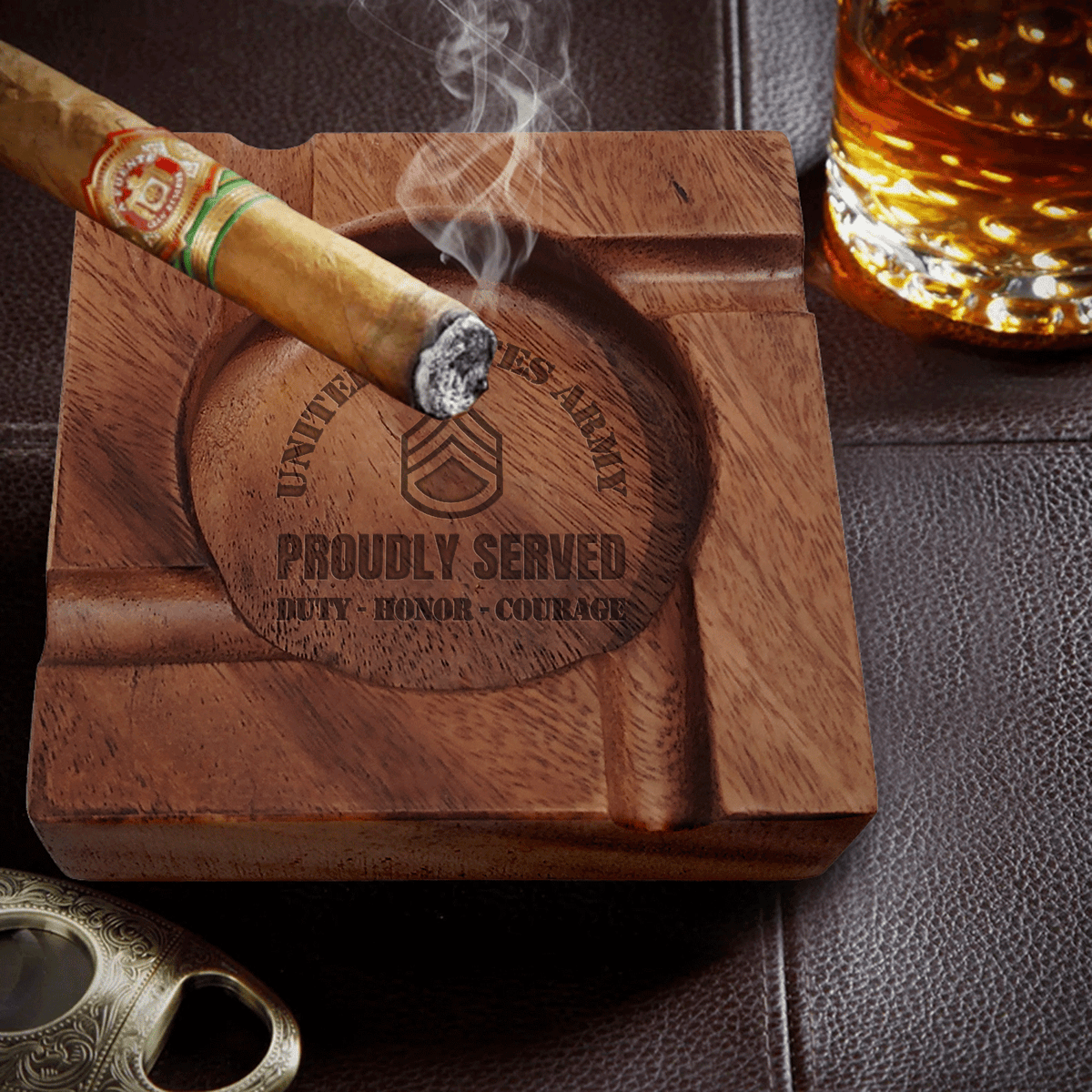 Personalized U.S. Army Wooden Cigar Ashtray Custom Rank and Text