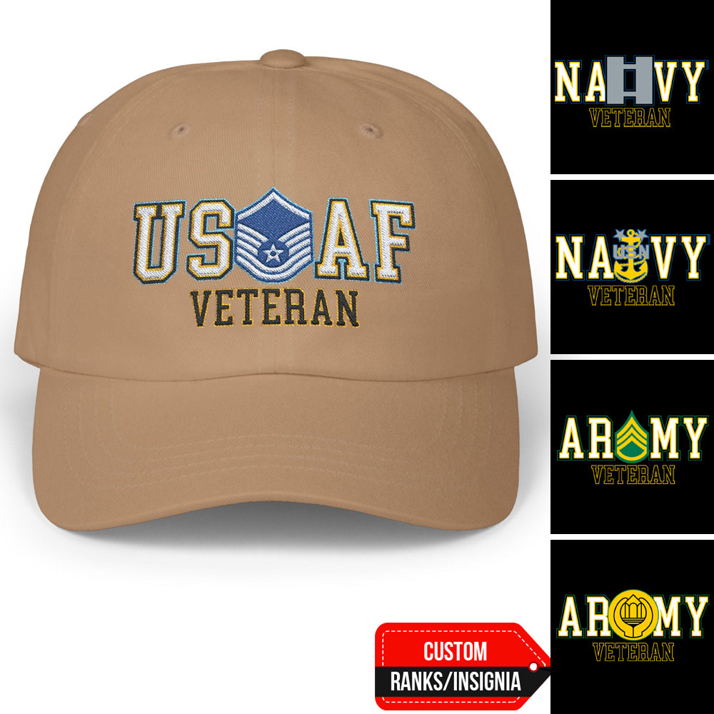 US Military Veteran Custom Ranks Insignia Embroidered Dad Hat