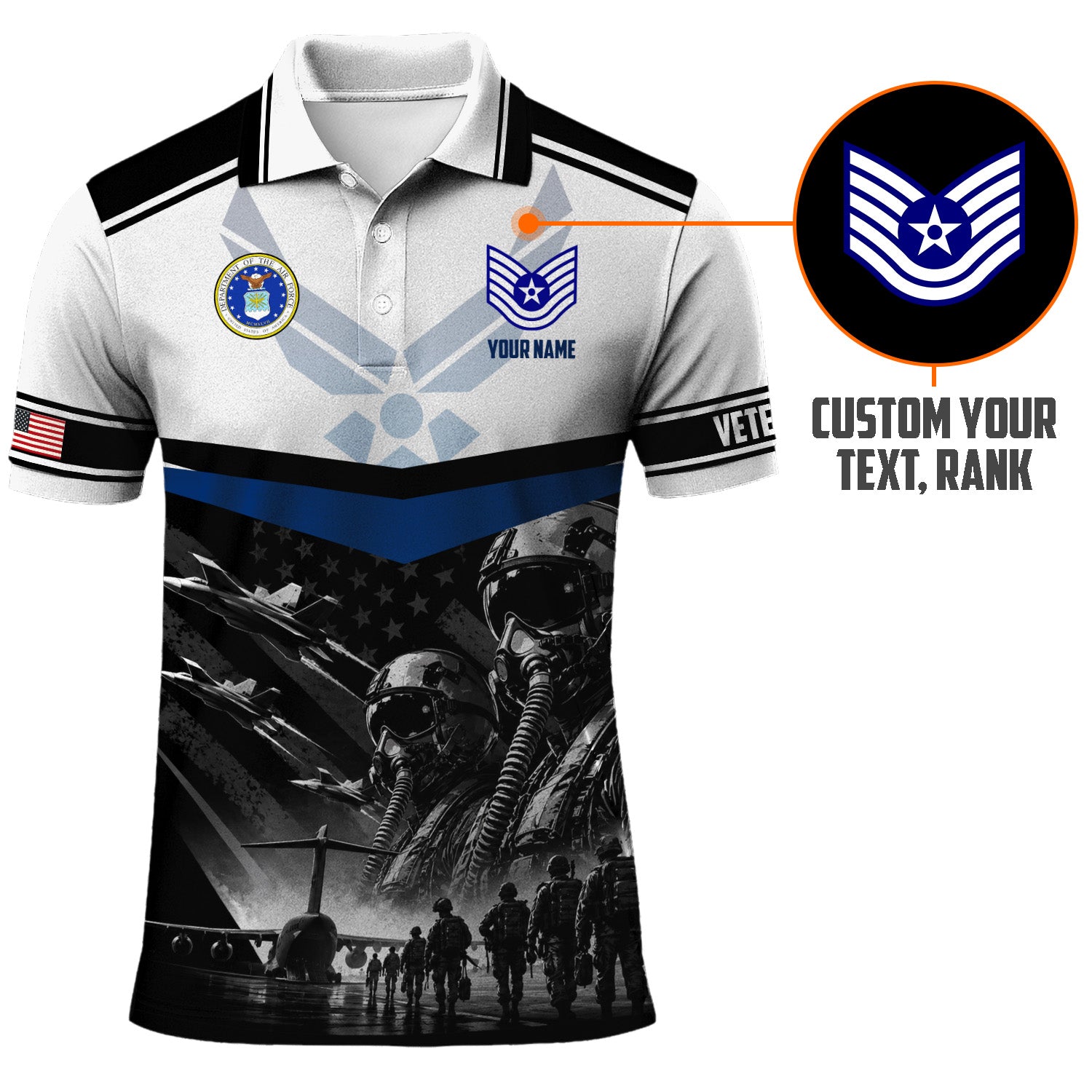 Personalized US Air Force Rank 3D All-Over Print Polo Shirt Gift