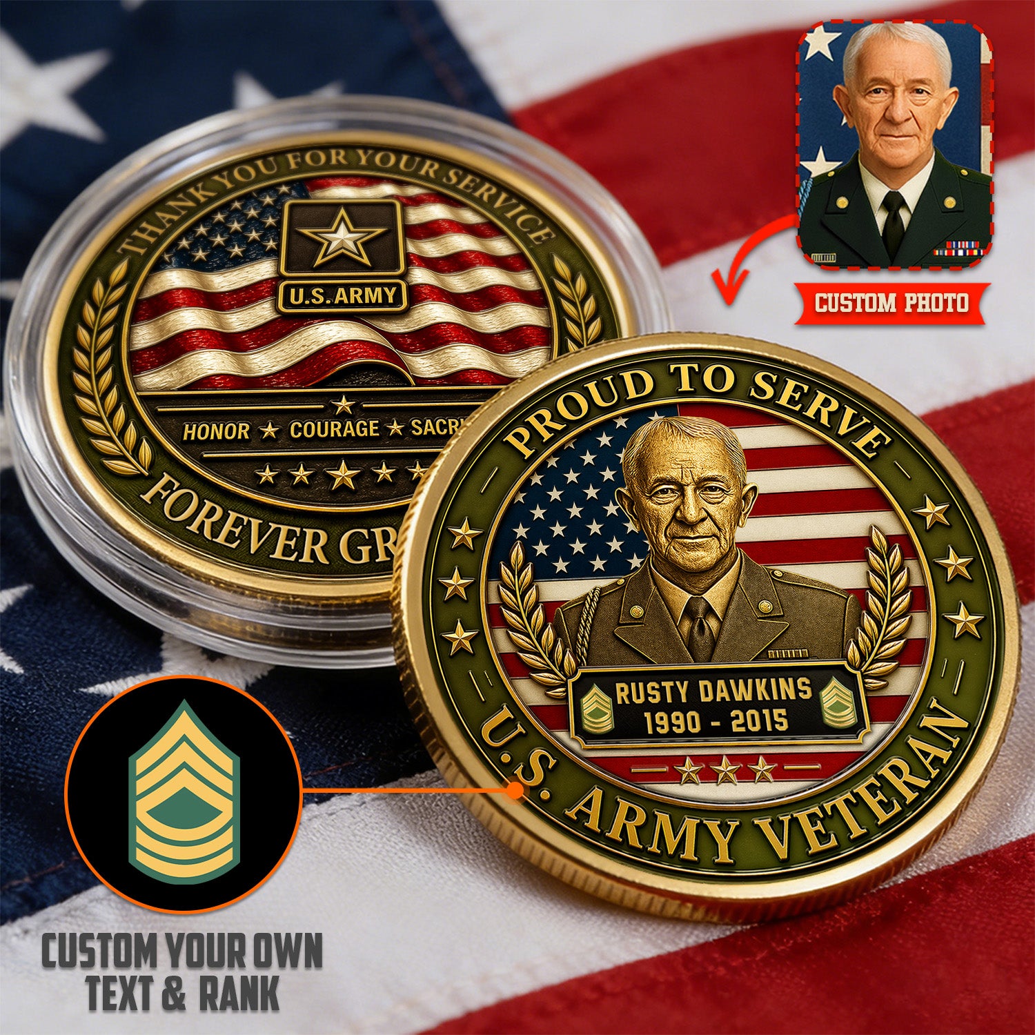 Personalized Army Coin Custom Photo Rank Name Gift
