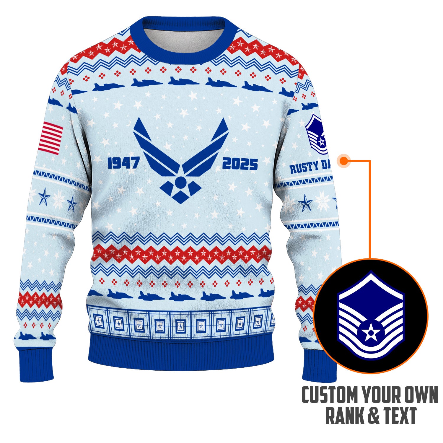 Custom Ranks And Text US Air Force Ugly Christmas Sweater for Women Men KRUST02