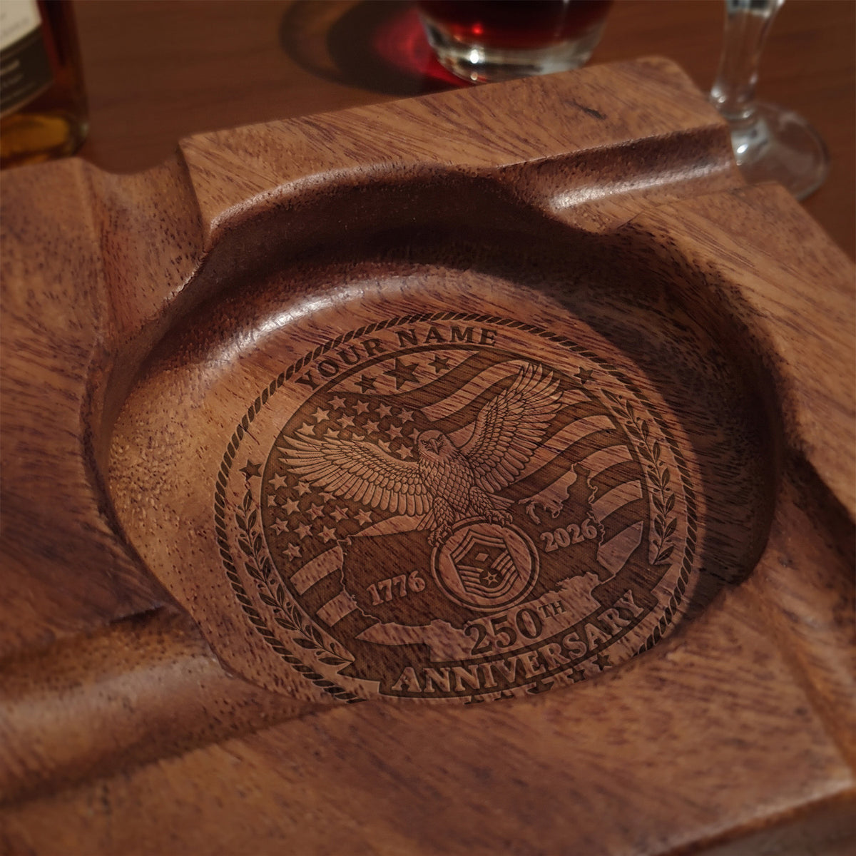 U.S. Army Wooden Cigar Ashtray Personalized Rank and Custom Text
