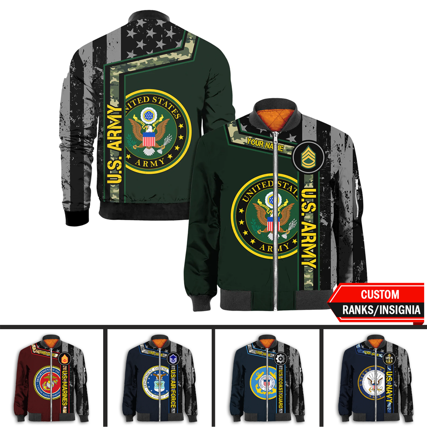 Custom 3D All Over Prints Bomber Jacket, Personalized Name And Military Logo, Black/White USA Flag