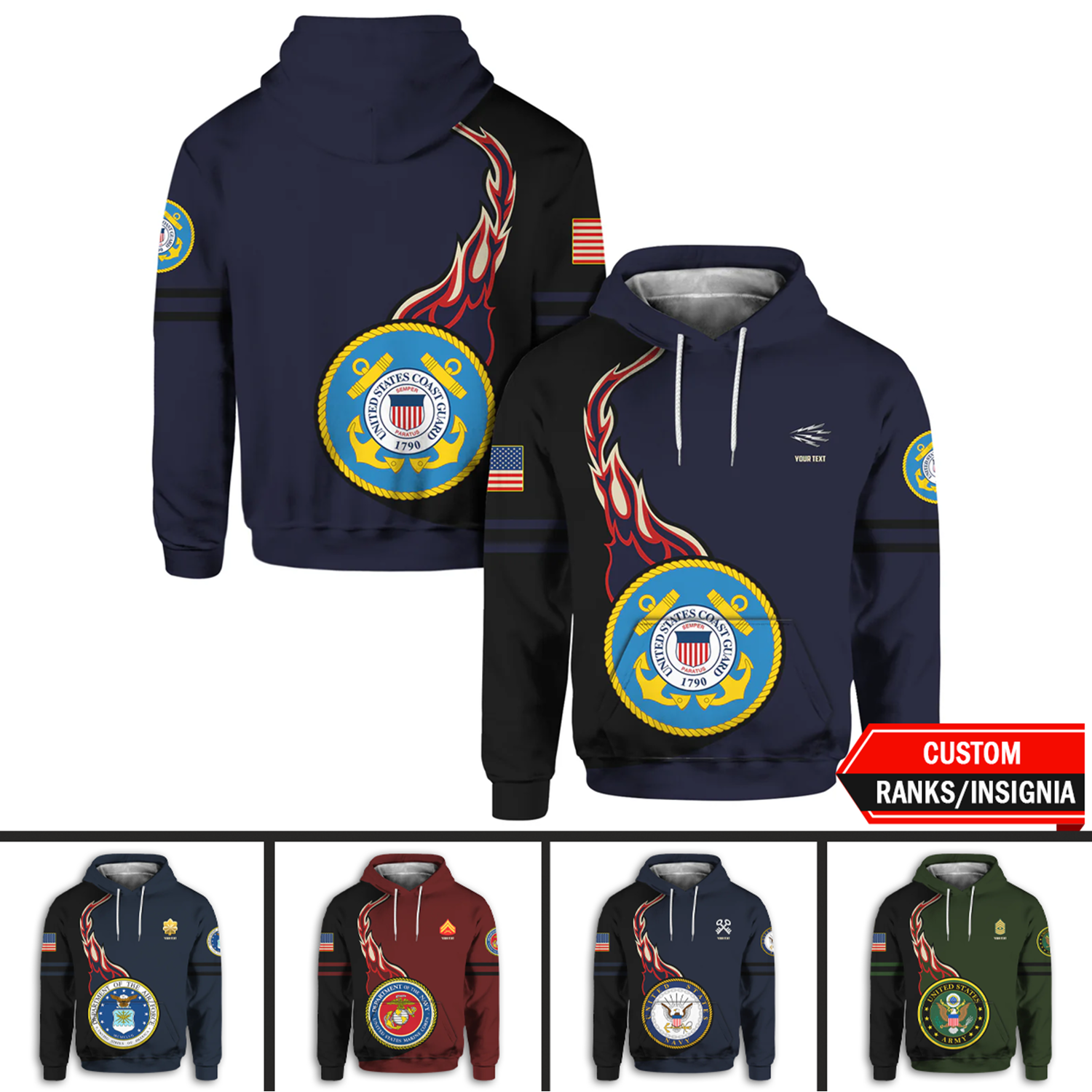 Custom 3D All Over Prints Hoodie, Personalized Name And Ranks, Military Logo