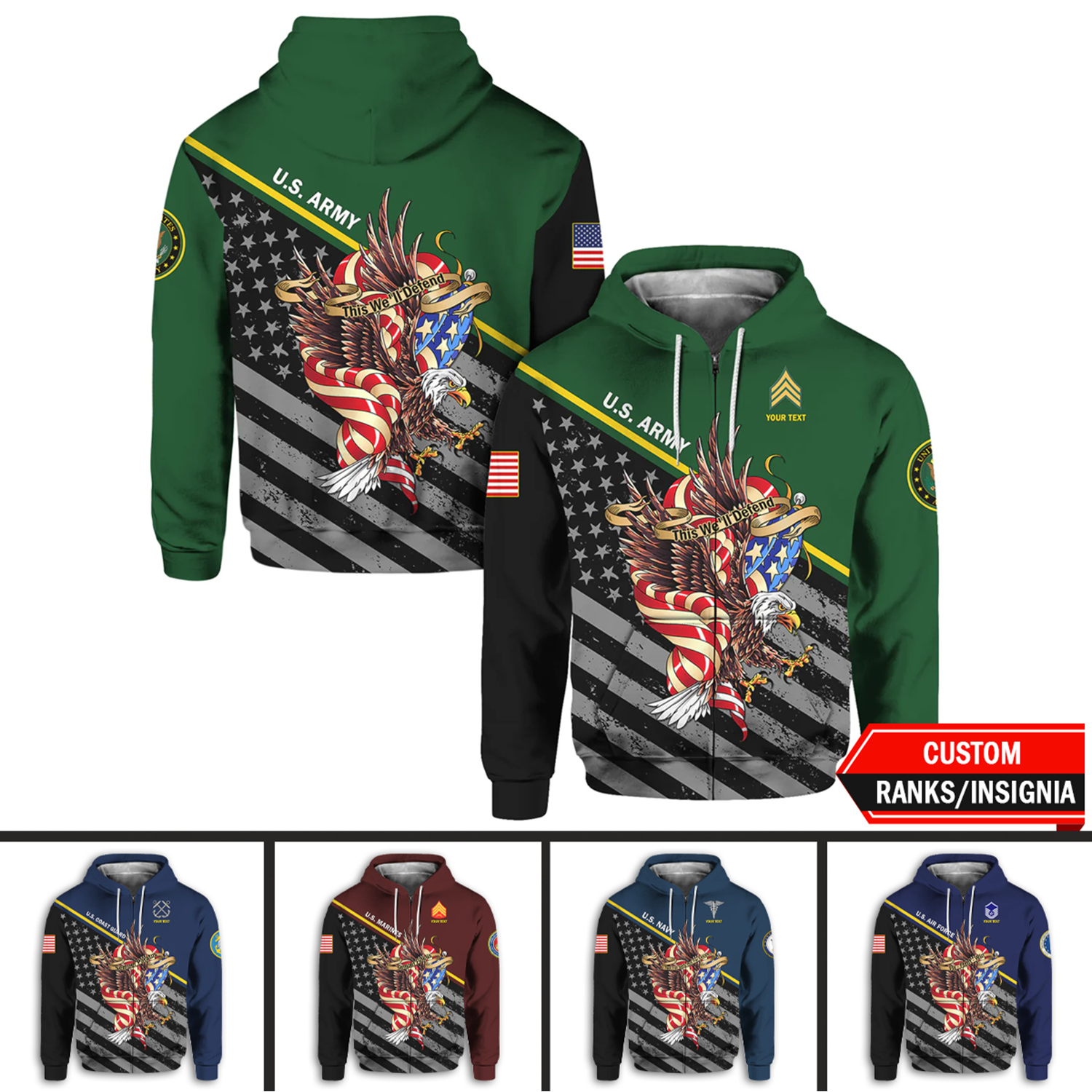 Custom 3D All Over Prints Hoodie, Personalized Name And Ranks, Military Motto