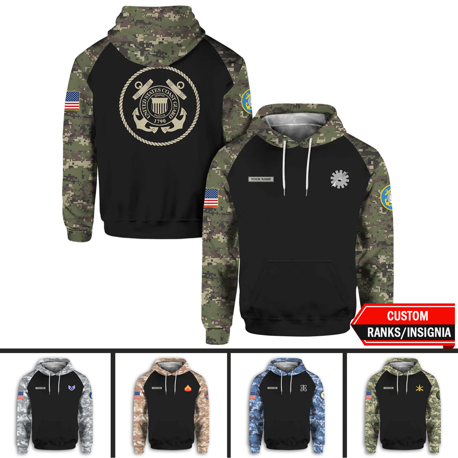 Custom 3D All Over Prints Hoodie, Personalized Name And Ranks, Military Camo