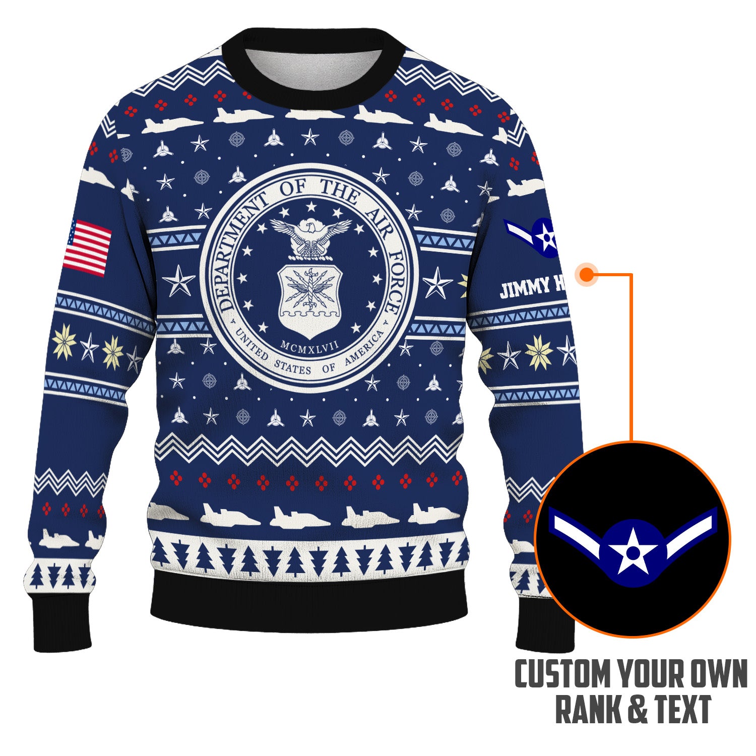 Custom Ranks And Text US Air Force Ugly Christmas Sweater for Women Men KRUST01