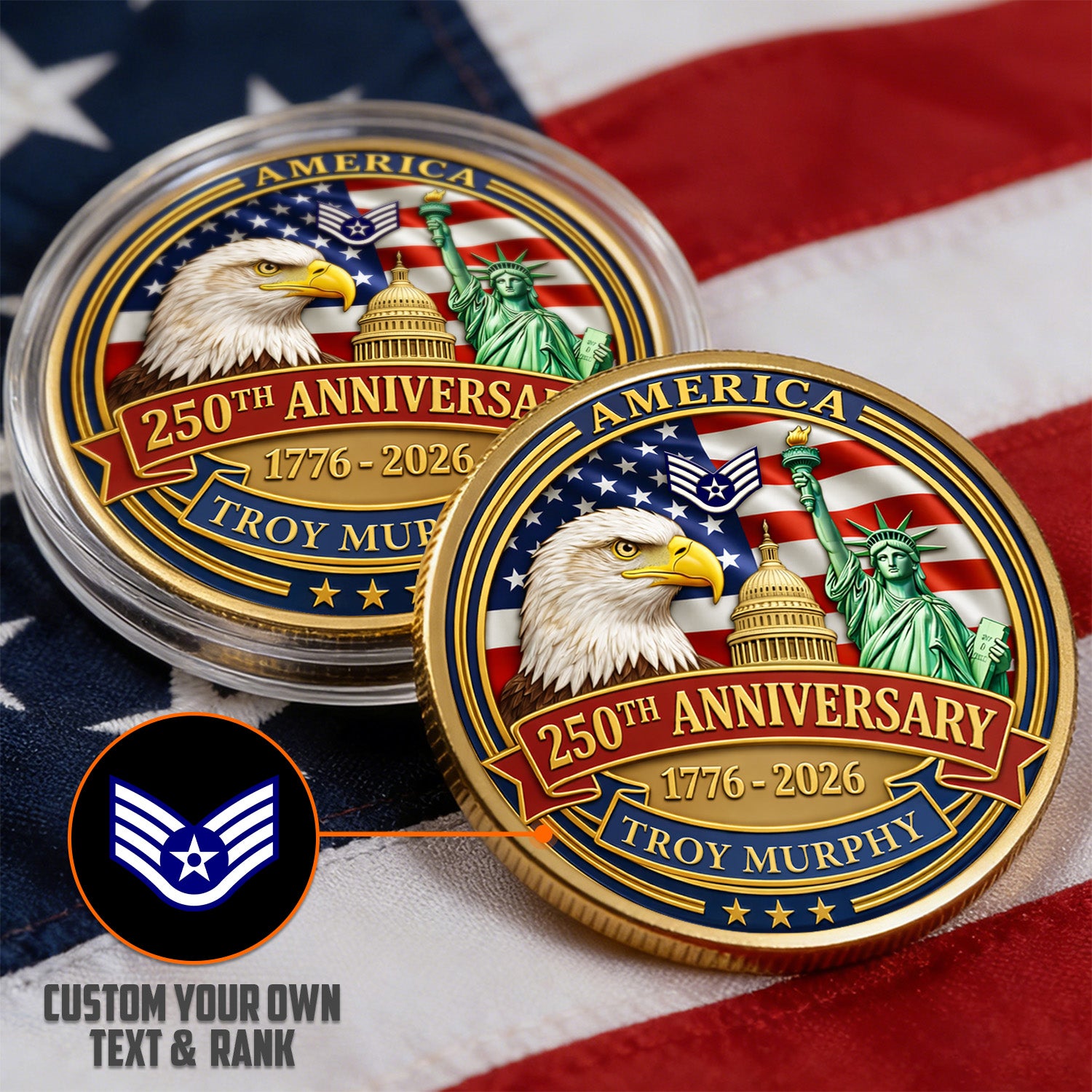 USA 250th Challenge Coin Custom Rank Name USAF