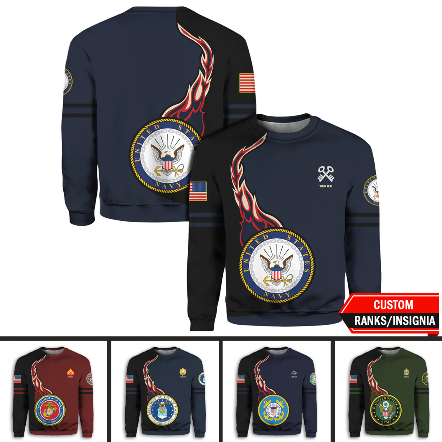 Custom 3D All Over Prints Crewneck Sweatshirt, Personalized Name And Ranks, Military Logo