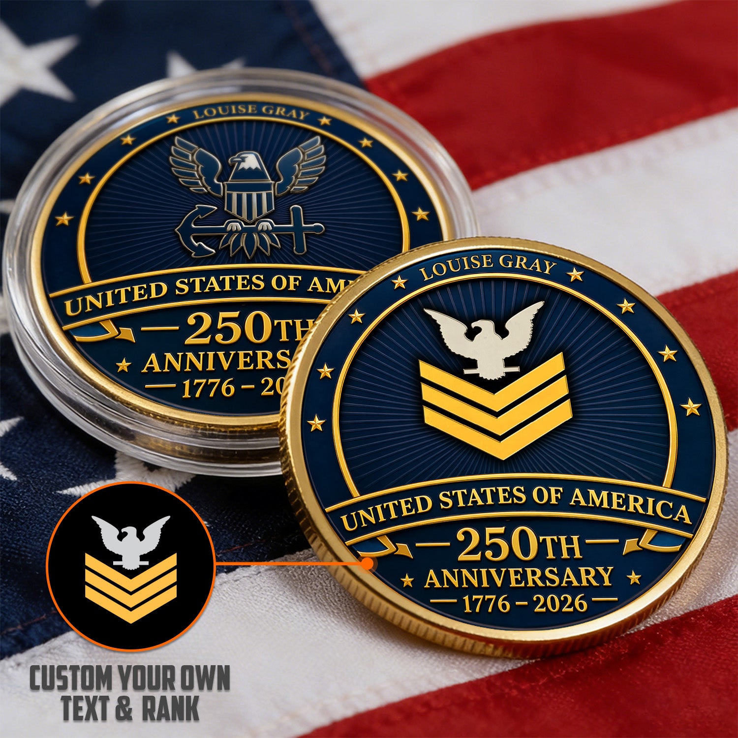 USA 250th Anniversary Custom Navy Challenge Coin Personalized Rank Name Gift