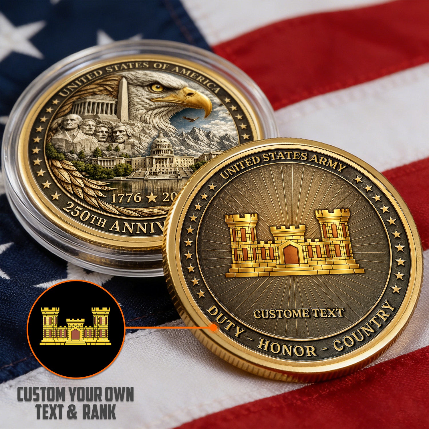 US Army Custom Rank Name 250th USA 3D Challenge Coin Gift