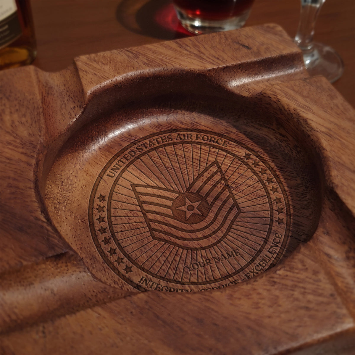 Custom Navy Wooden Cigar Ashtray Personalized Rank and Custom Text