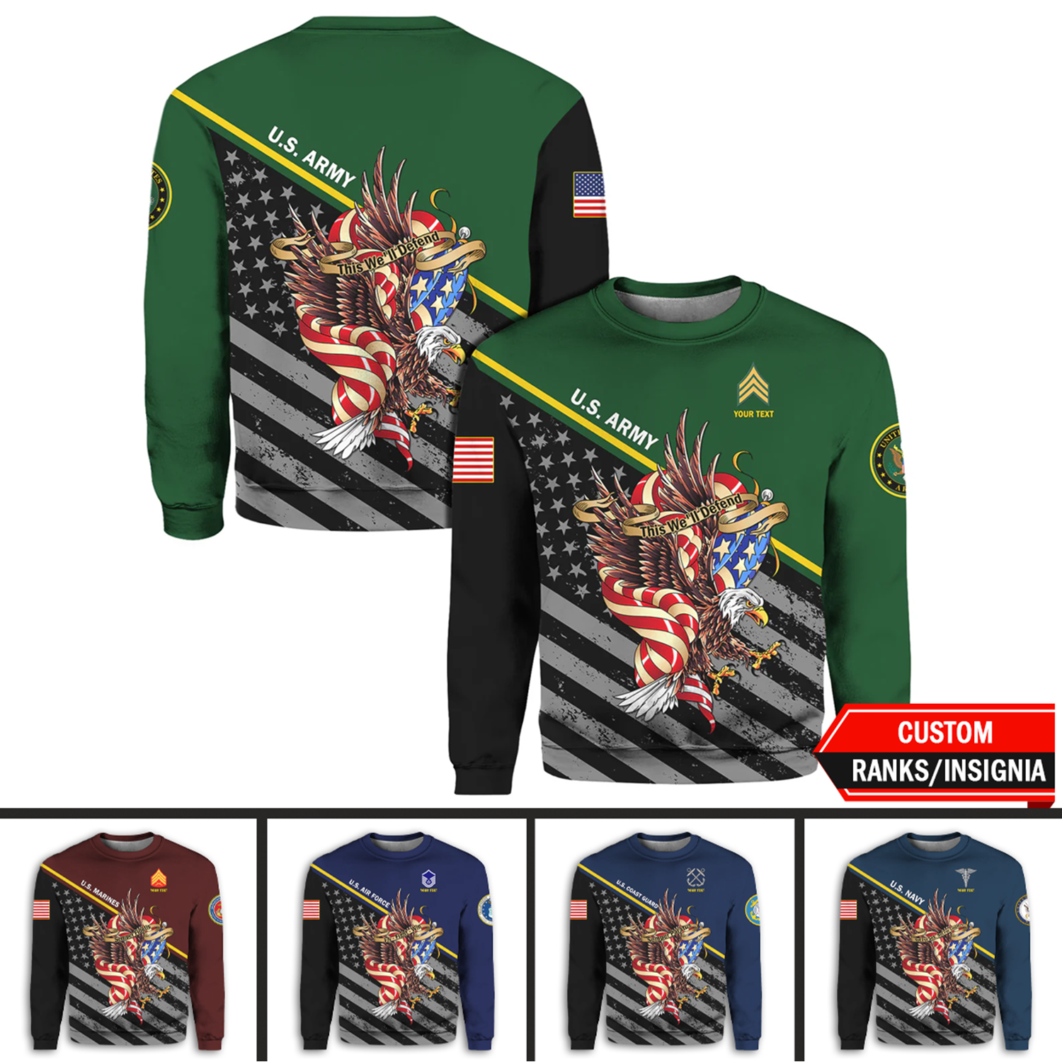 Custom 3D All Over Prints Crewneck Sweatshirt, Personalized Name And Ranks, Military Motto