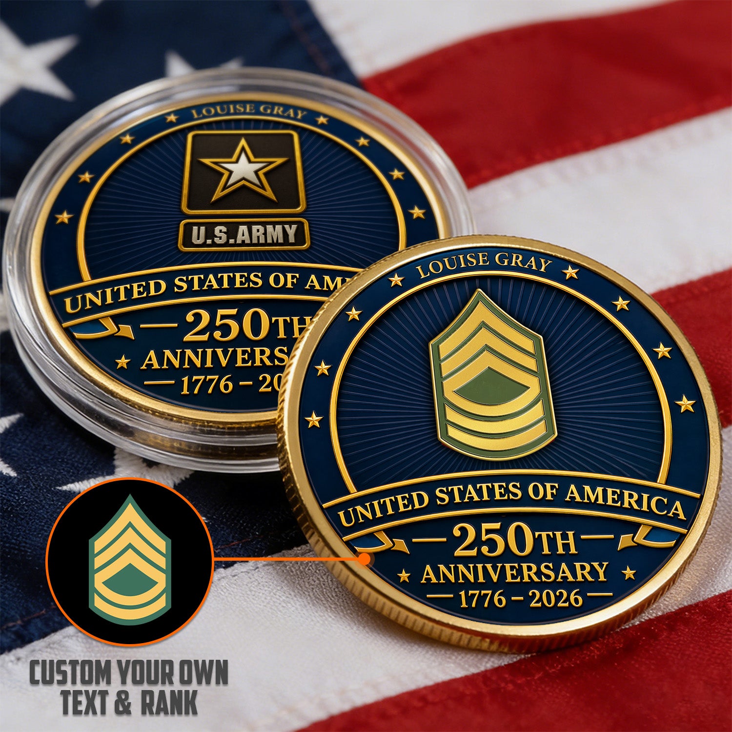 USA 250th Army Challenge Coin Custom Rank Name