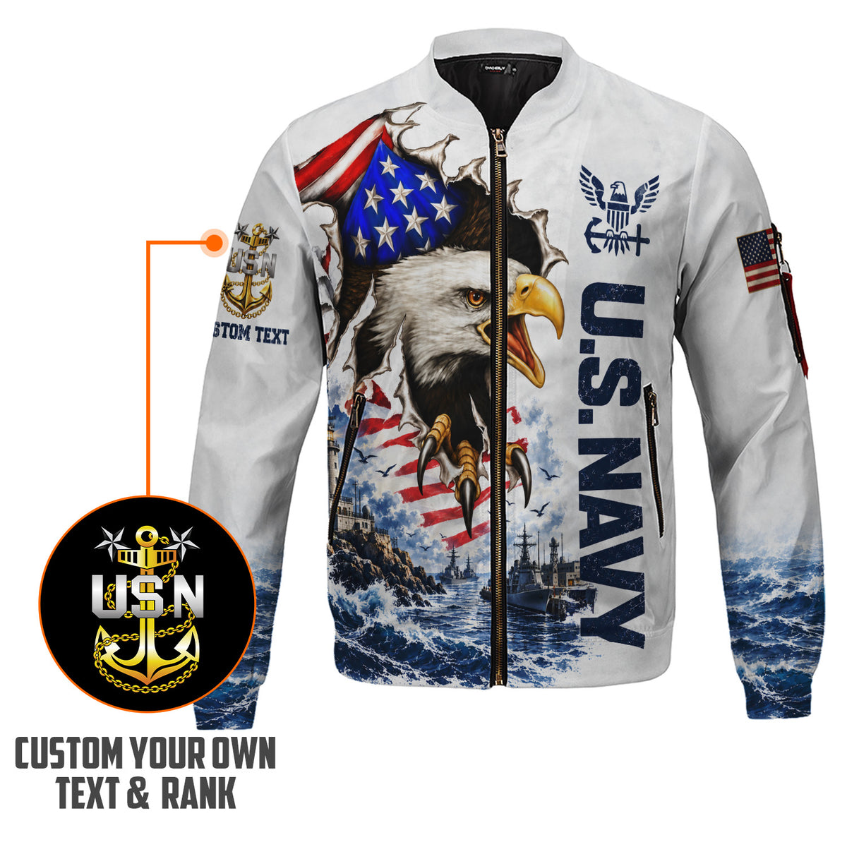 Personalized U.S. Navy Bomber Jacket Custom Rank & Text Veteran Gift