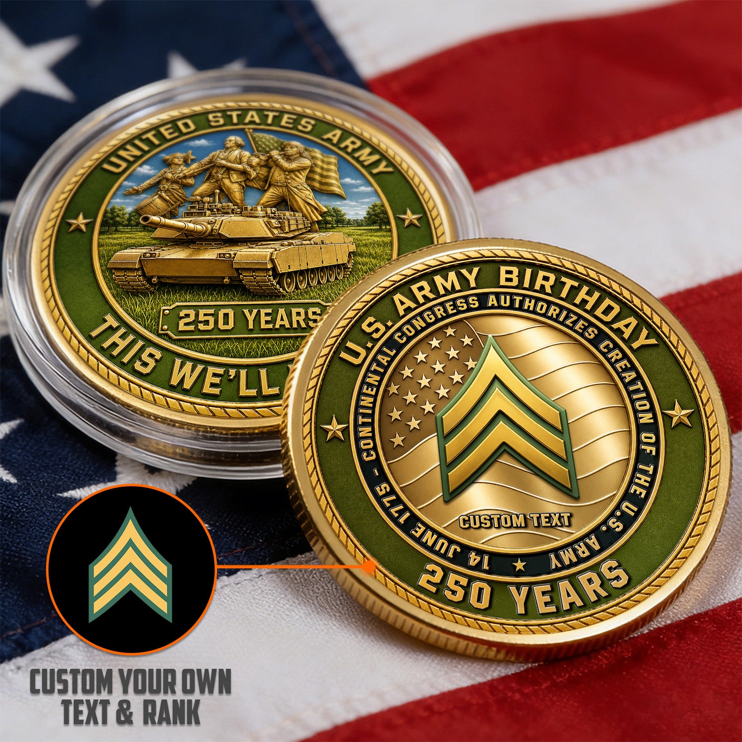 US Army 250th Anniversary Custom Rank Name 3D Challenge Coin Gift