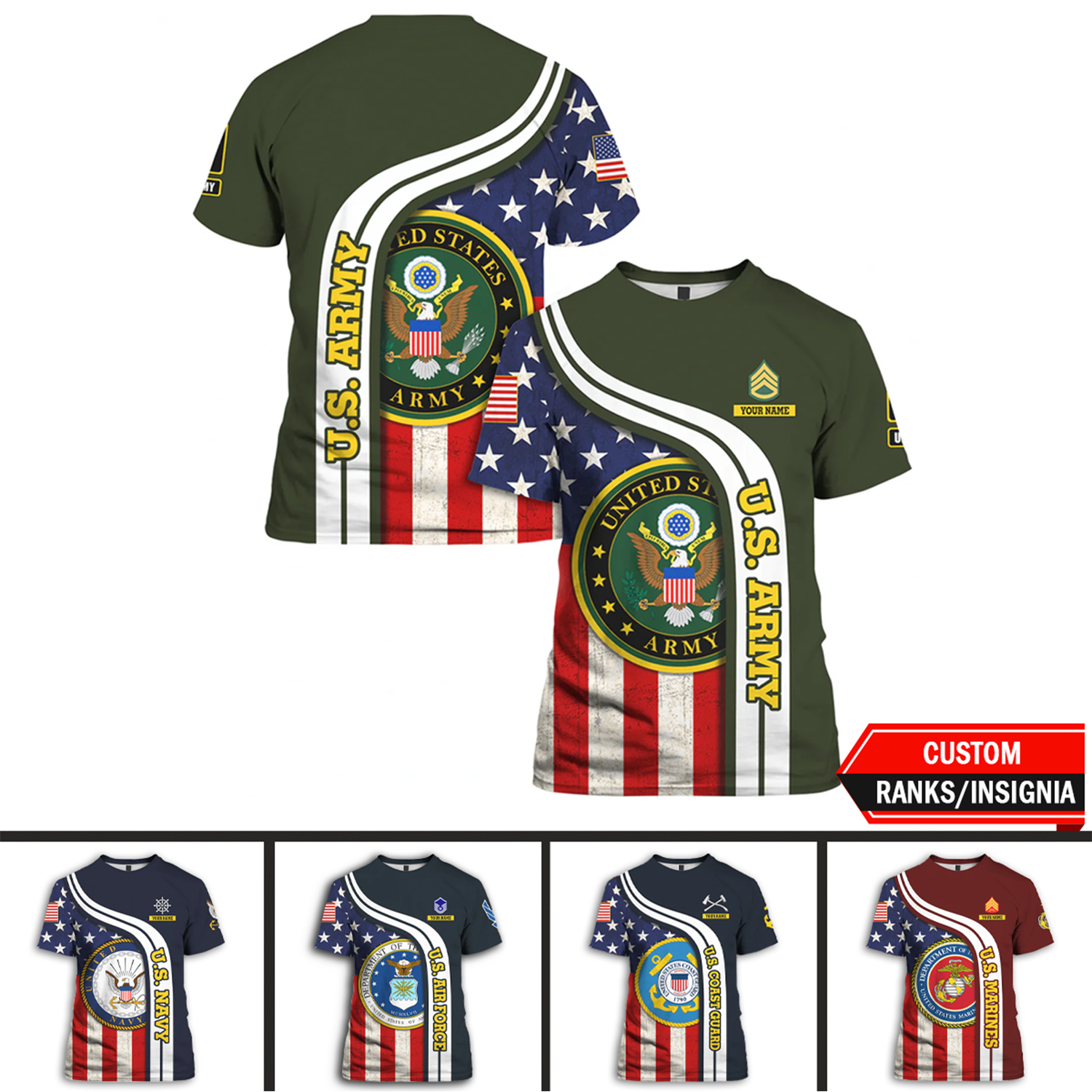 Custom 3D All Over Prints T-Shirt, Personalized Name And Military Logo, USA Flag