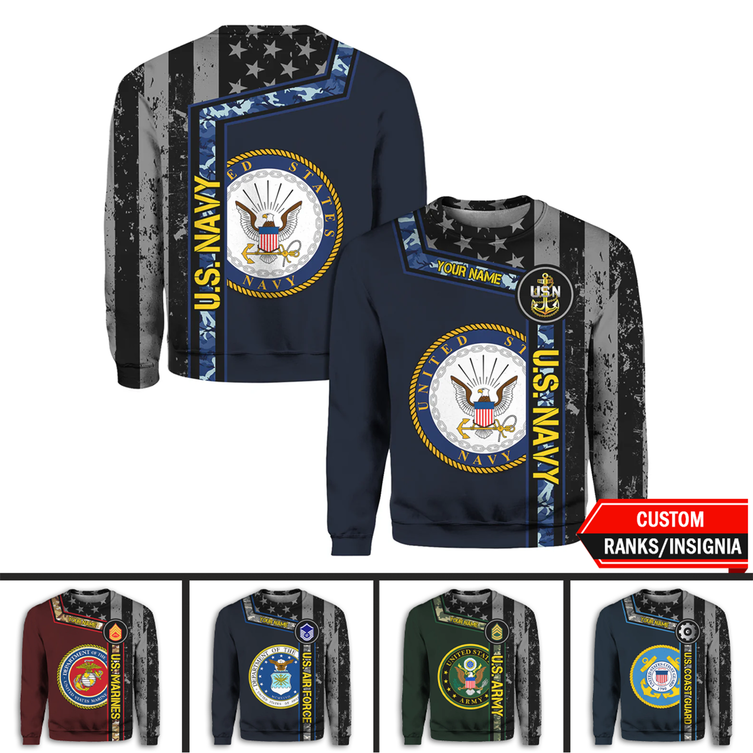 Custom 3D All Over Prints Crewneck Sweatshirt, Personalized Name And Military Logo, Black/White USA Flag