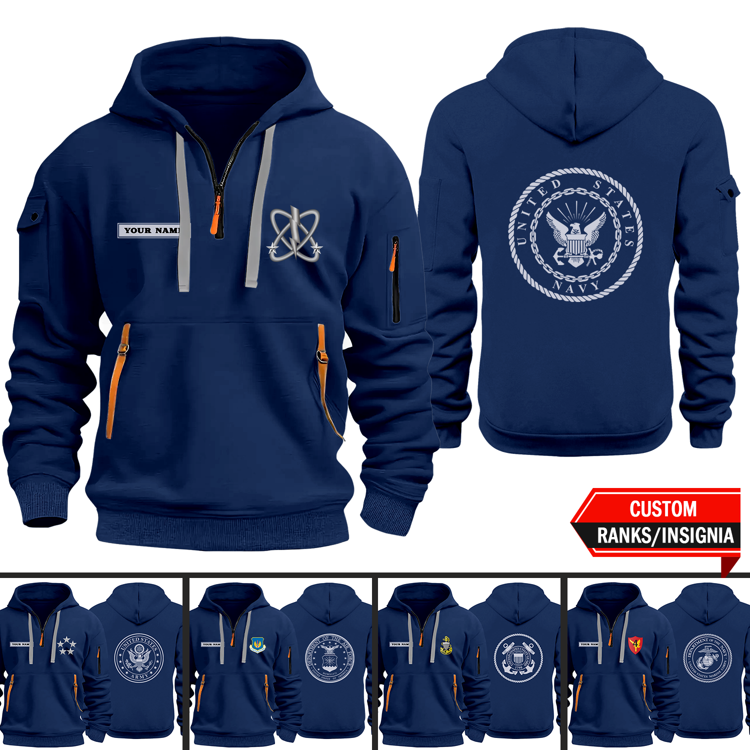 Custom Ranks/Insignia, Personalized Text 2D Quarter Zip Hoodie