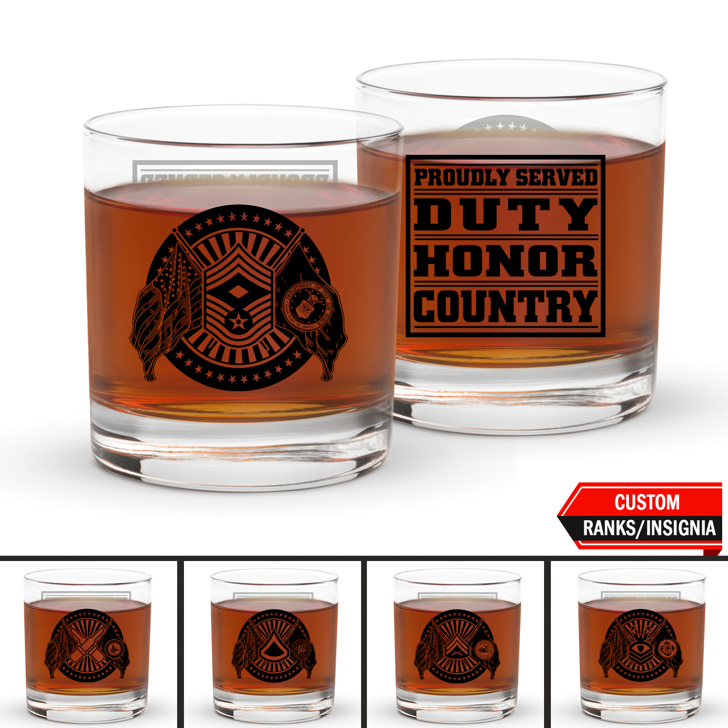 US Military Proudly Served Duty Honor Country Custom Military Ranks/Insignia Rocks Glass 10.5 oz