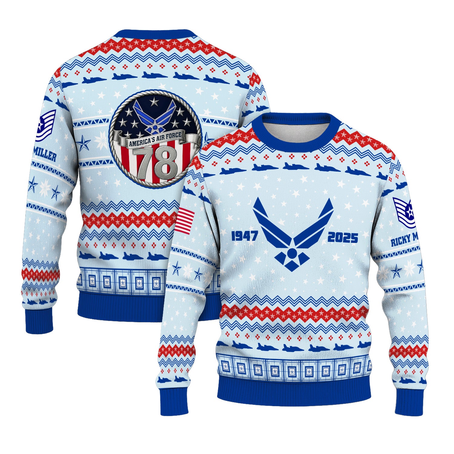 Custom Ranks And Text US Air Force Ugly Christmas Sweater for Women Men KRUST02