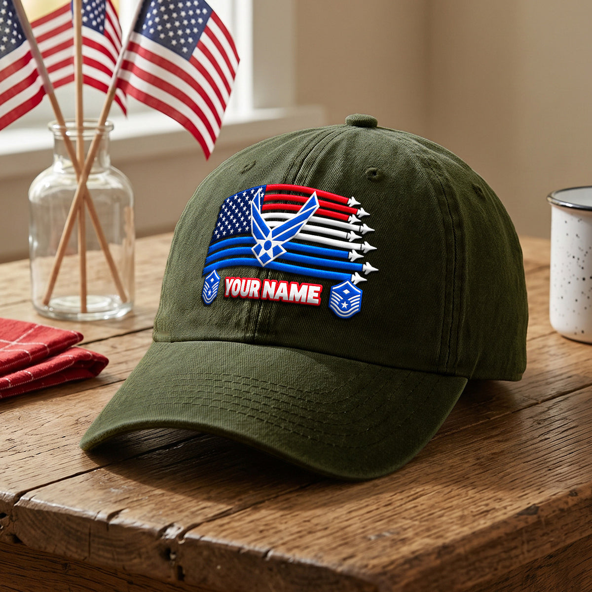 U.S. Air Force Embroidered Cap Custom Rank Text Veteran Gift