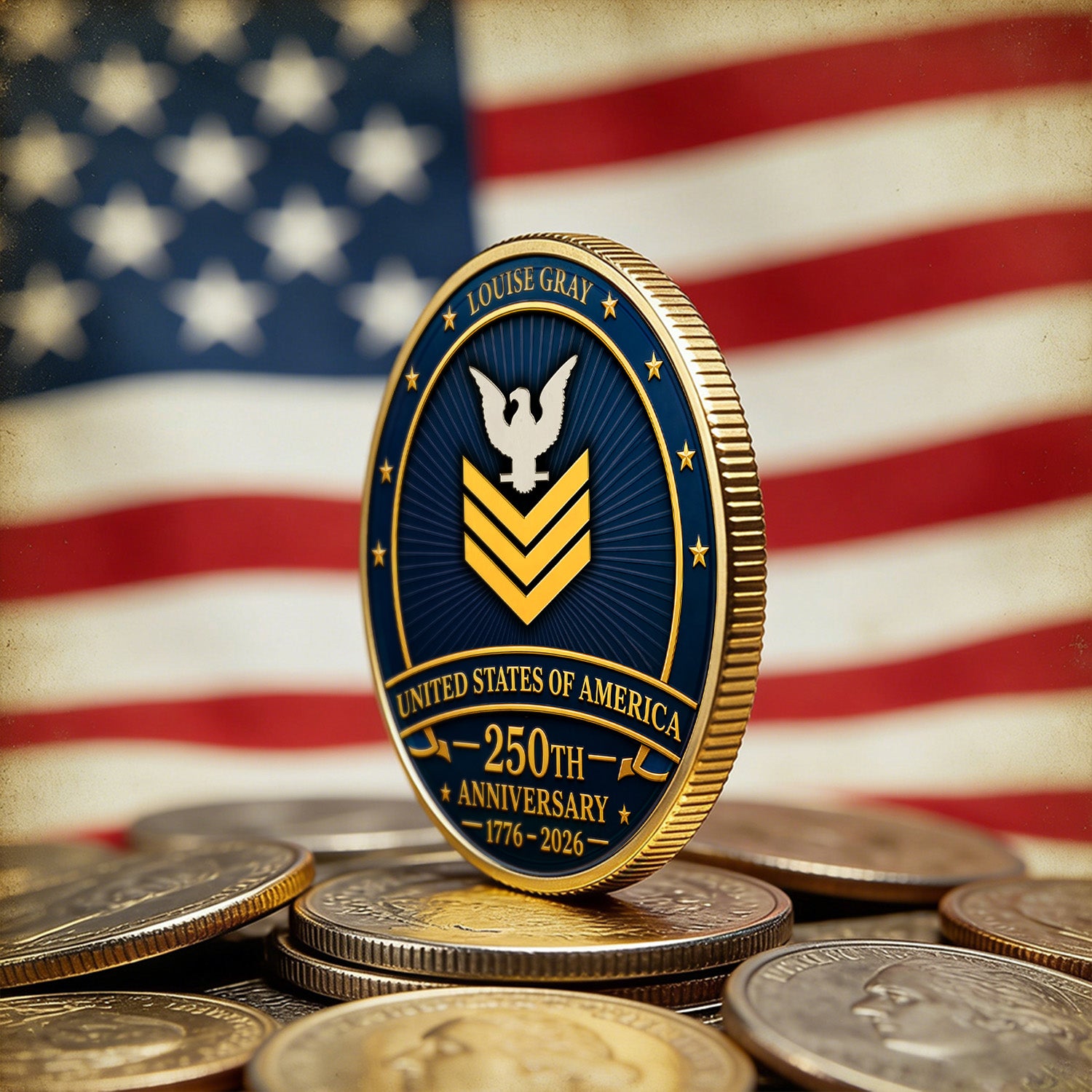 USA 250th Anniversary Custom Navy Challenge Coin Personalized Rank Name Gift